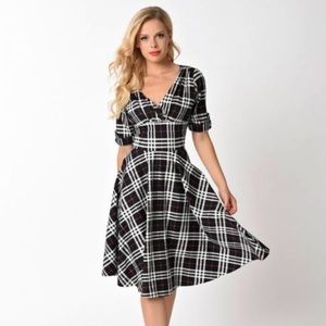 Unique Vintage 1950s Style Black & White Plaid Dress